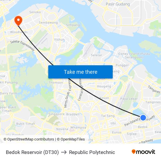 Bedok Reservoir (DT30) to Republic Polytechnic map