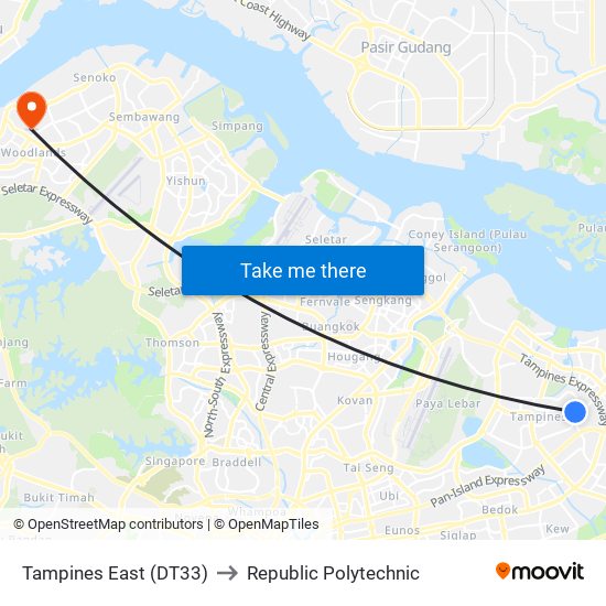 Tampines East (DT33) to Republic Polytechnic map