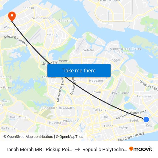 Tanah Merah MRT Pickup Point to Republic Polytechnic map