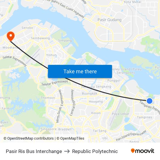 Pasir Ris Bus Interchange to Republic Polytechnic map