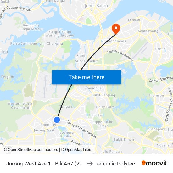 Jurong West Ave 1 - Blk 457 (28521) to Republic Polytechnic map
