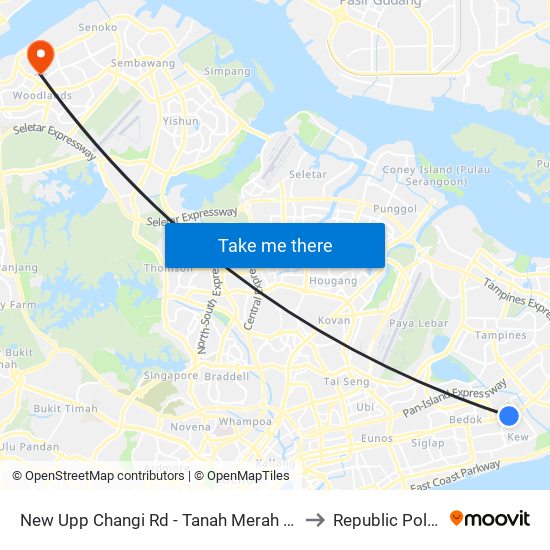 New Upp Changi Rd - Tanah Merah Stn Exit A (85099) to Republic Polytechnic map