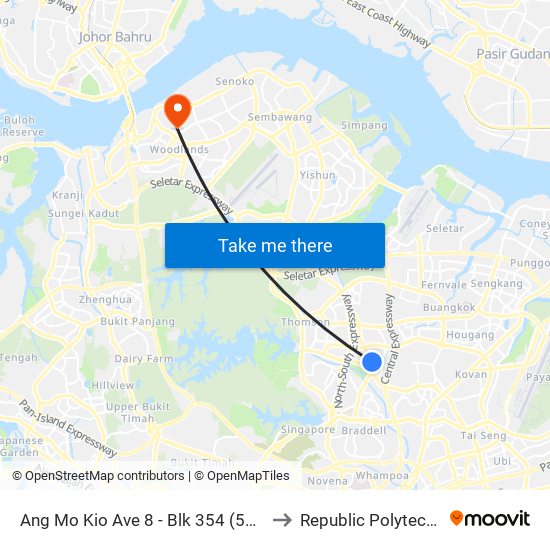 Ang Mo Kio Ave 8 - Blk 354 (54321) to Republic Polytechnic map
