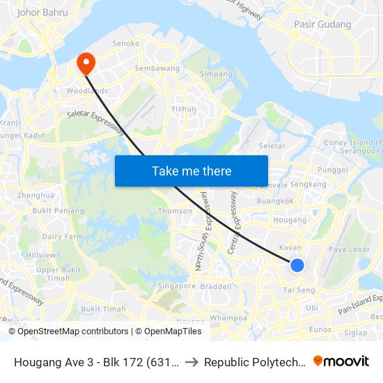 Hougang Ave 3 - Blk 172 (63109) to Republic Polytechnic map