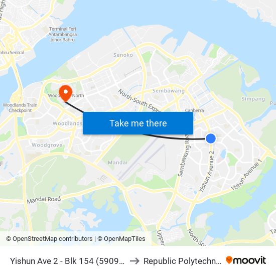Yishun Ave 2 - Blk 154 (59091) to Republic Polytechnic map