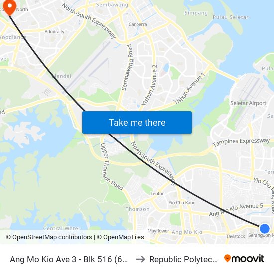 Ang Mo Kio Ave 3 - Blk 516 (66101) to Republic Polytechnic map
