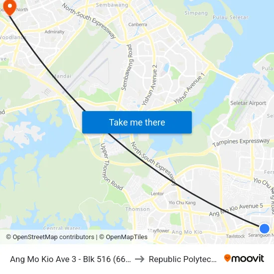 Ang Mo Kio Ave 3 - Blk 516 (66101) to Republic Polytechnic map