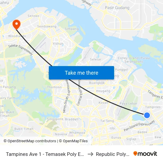 Tampines Ave 1 - Temasek Poly East G (75229) to Republic Polytechnic map