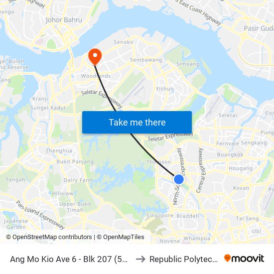 Ang Mo Kio Ave 6 - Blk 207 (54011) to Republic Polytechnic map