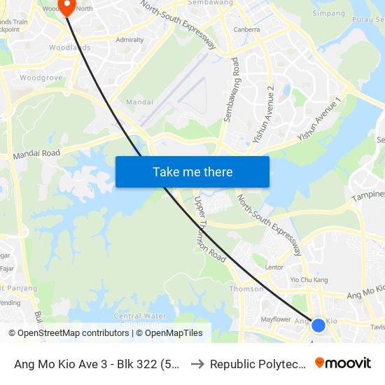 Ang Mo Kio Ave 3 - Blk 322 (54247) to Republic Polytechnic map