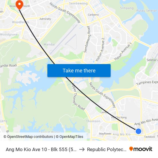 Ang Mo Kio Ave 10 - Blk 555 (54589) to Republic Polytechnic map