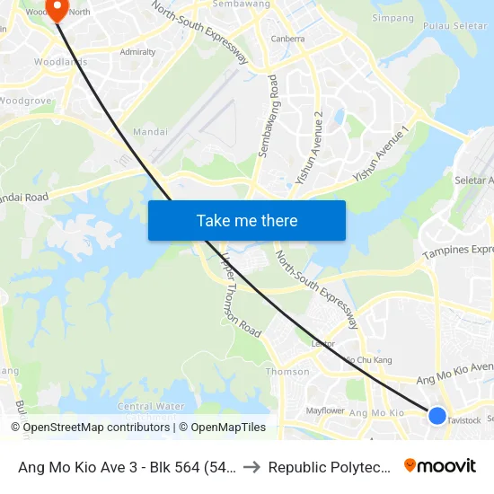 Ang Mo Kio Ave 3 - Blk 564 (54291) to Republic Polytechnic map