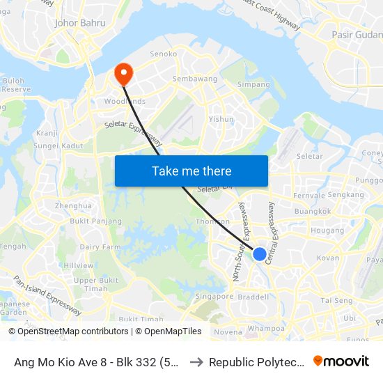 Ang Mo Kio Ave 8 - Blk 332 (54311) to Republic Polytechnic map