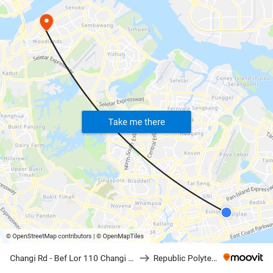 Changi Rd - Bef Lor 110 Changi (83049) to Republic Polytechnic map
