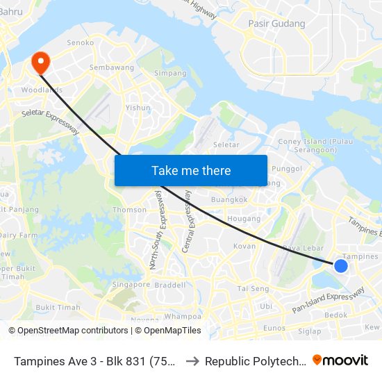 Tampines Ave 3 - Blk 831 (75081) to Republic Polytechnic map