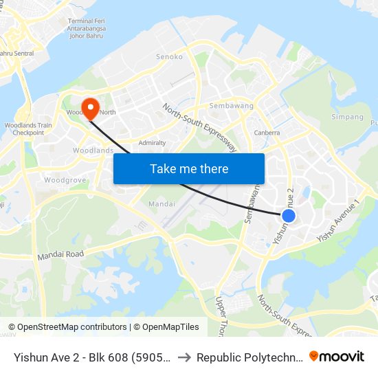 Yishun Ave 2 - Blk 608 (59059) to Republic Polytechnic map