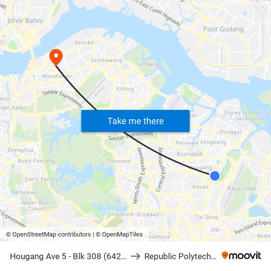 Hougang Ave 5 - Blk 308 (64241) to Republic Polytechnic map