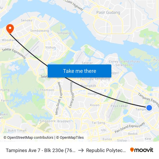 Tampines Ave 7 - Blk 230e (76219) to Republic Polytechnic map