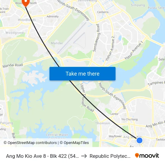 Ang Mo Kio Ave 8 - Blk 422 (54339) to Republic Polytechnic map