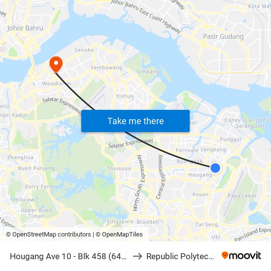 Hougang Ave 10 - Blk 458 (64021) to Republic Polytechnic map