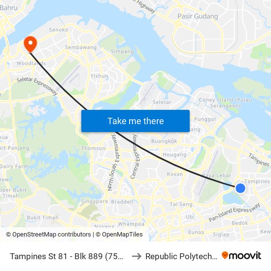 Tampines St 81 - Blk 889 (75219) to Republic Polytechnic map