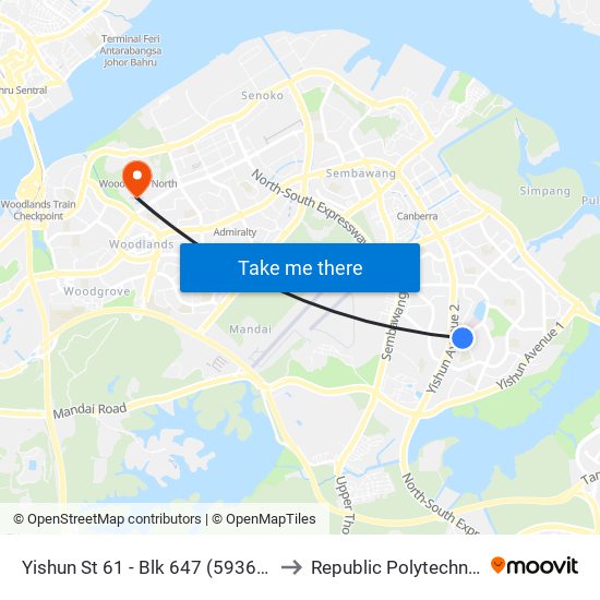 Yishun St 61 - Blk 647 (59369) to Republic Polytechnic map