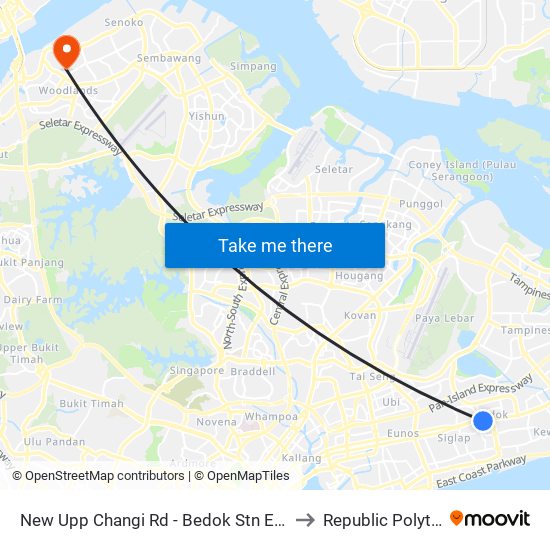 New Upp Changi Rd - Bedok Stn Exit A (84039) to Republic Polytechnic map