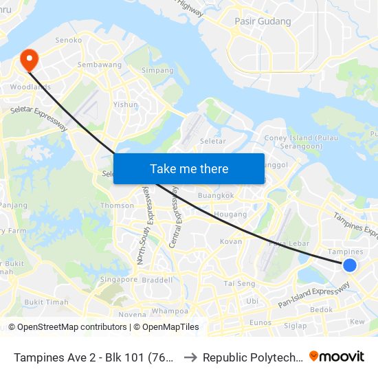 Tampines Ave 2 - Blk 101 (76079) to Republic Polytechnic map