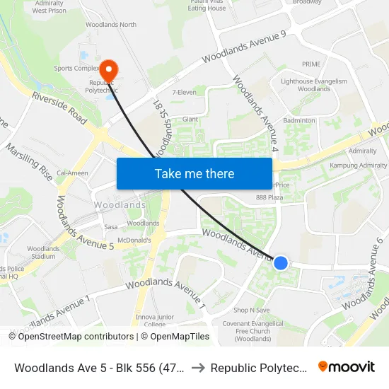Woodlands Ave 5 - Blk 556 (47579) to Republic Polytechnic map