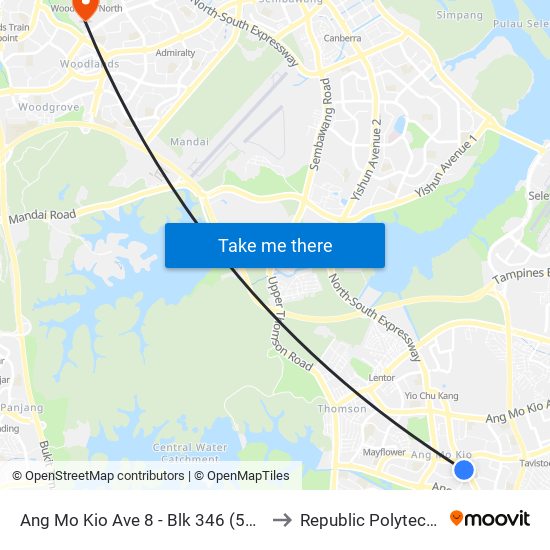 Ang Mo Kio Ave 8 - Blk 346 (54331) to Republic Polytechnic map