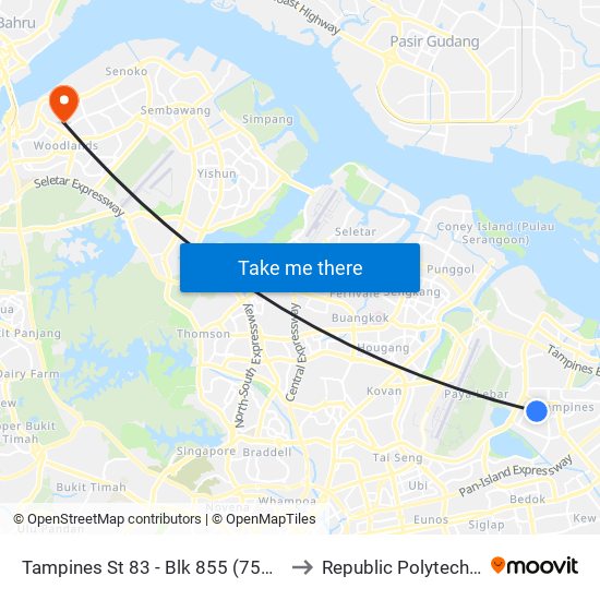 Tampines St 83 - Blk 855 (75161) to Republic Polytechnic map