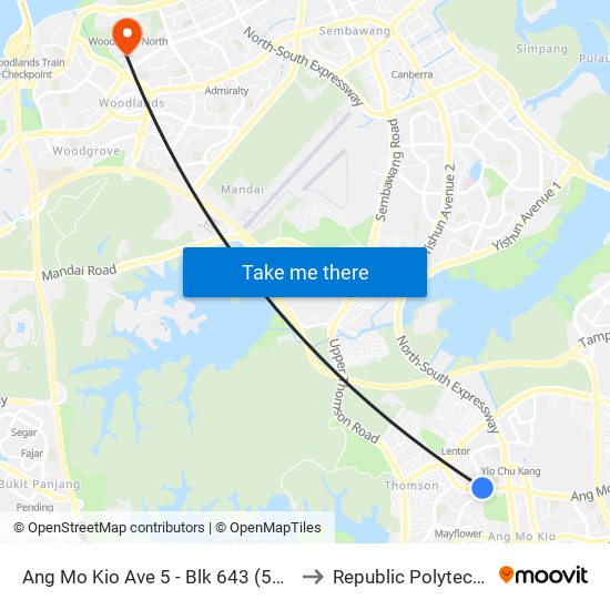 Ang Mo Kio Ave 5 - Blk 643 (54451) to Republic Polytechnic map