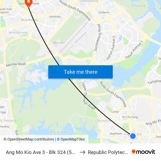 Ang Mo Kio Ave 3 - Blk 324 (54248) to Republic Polytechnic map