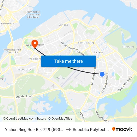 Yishun Ring Rd - Blk 729 (59319) to Republic Polytechnic map