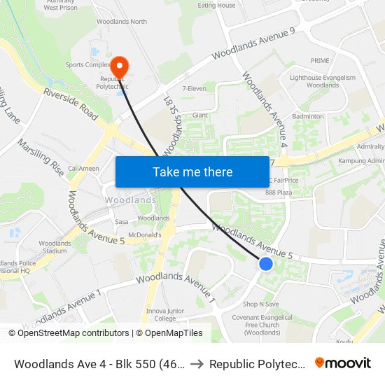 Woodlands Ave 4 - Blk 550 (46651) to Republic Polytechnic map