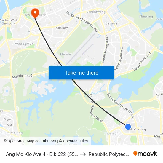 Ang Mo Kio Ave 4 - Blk 622 (55149) to Republic Polytechnic map