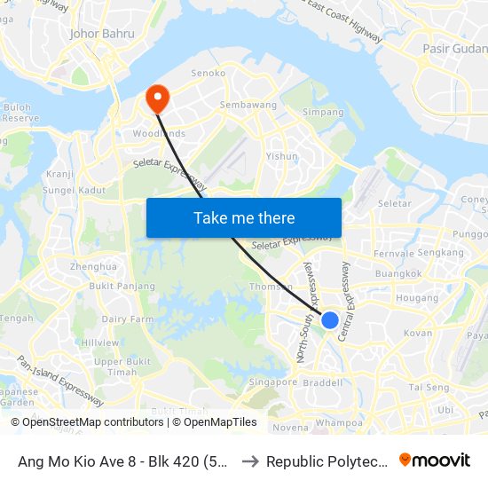 Ang Mo Kio Ave 8 - Blk 420 (54329) to Republic Polytechnic map