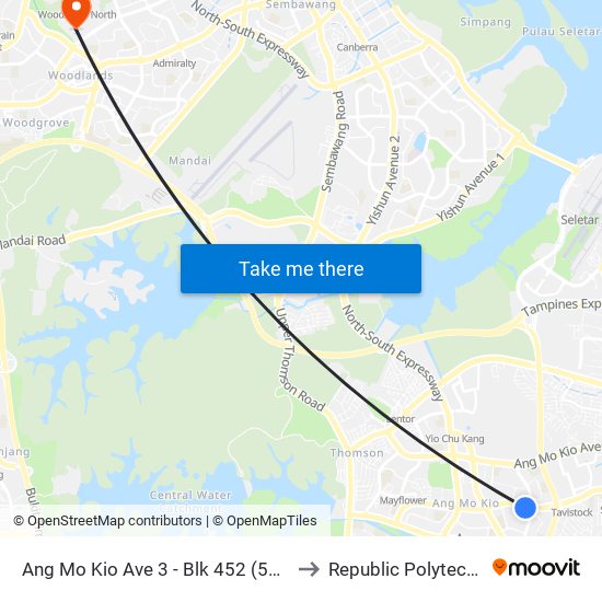 Ang Mo Kio Ave 3 - Blk 452 (54289) to Republic Polytechnic map