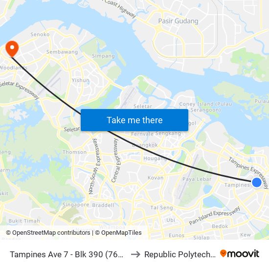 Tampines Ave 7 - Blk 390 (76239) to Republic Polytechnic map