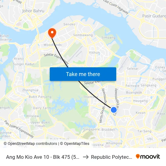 Ang Mo Kio Ave 10 - Blk 475 (54379) to Republic Polytechnic map