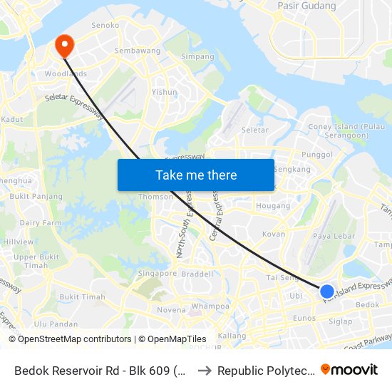 Bedok Reservoir Rd - Blk 609 (72079) to Republic Polytechnic map