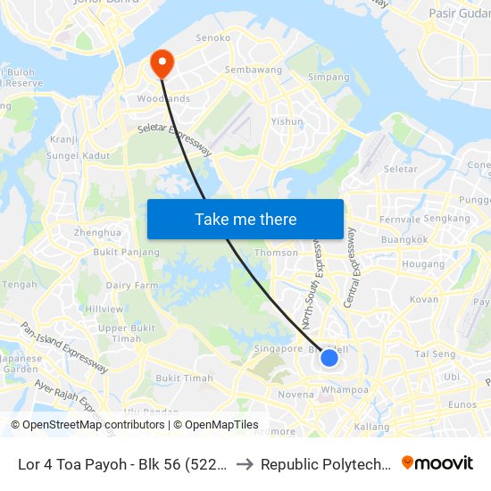 Lor 4 Toa Payoh - Blk 56 (52279) to Republic Polytechnic map