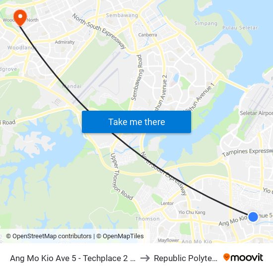 Ang Mo Kio Ave 5 - Techplace 2 (54659) to Republic Polytechnic map