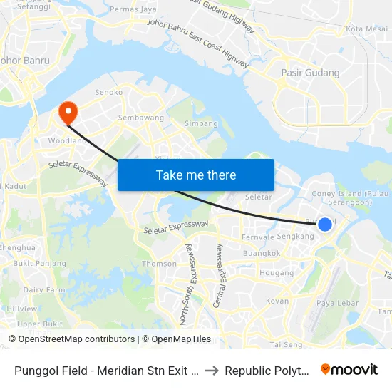 Punggol Field - Meridian Stn Exit A (65169) to Republic Polytechnic map