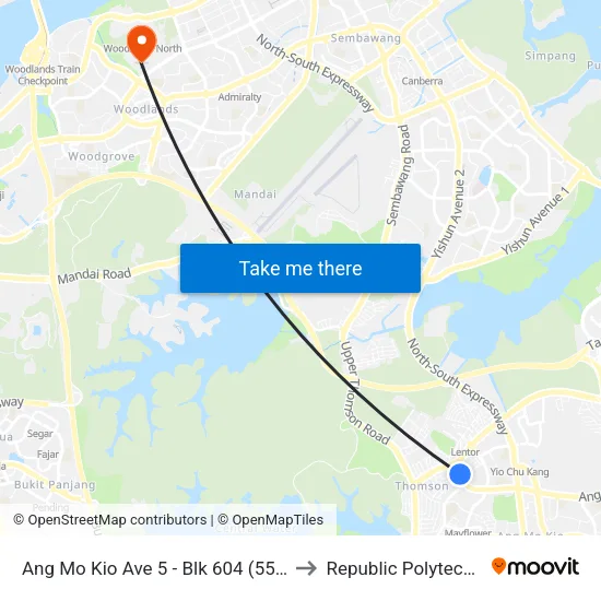 Ang Mo Kio Ave 5 - Blk 604 (55129) to Republic Polytechnic map