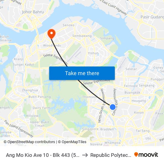 Ang Mo Kio Ave 10 - Blk 443 (54381) to Republic Polytechnic map