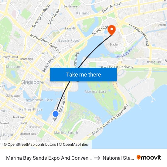 Marina Bay Sands Expo And Convention Centre to National Stadium map