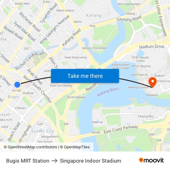 Bugis MRT Station to Singapore Indoor Stadium map