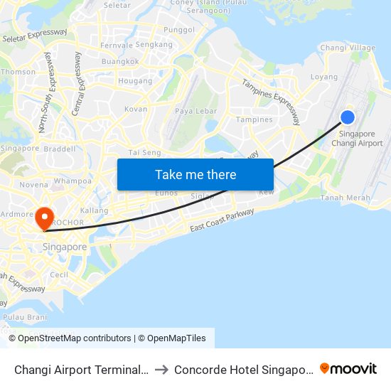 Changi Airport Terminal 2 to Concorde Hotel Singapore map