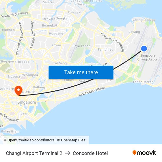 Changi Airport Terminal 2 to Concorde Hotel map